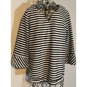C.D. Petites Black White Striped Bell Sleeve Top Silver Chain V-Neck PM